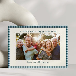 Blaukariertes Familienfoto Neujahr 2027 Feiertagskarte