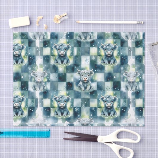 Blaukariertes Highland-Rind Schneewinter Seidenpapier (Handwerk)