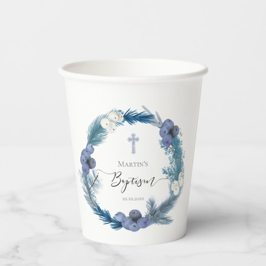 Blaukränzdesign | Winter Taufe Papiertasse Pappbecher (Rückseite)
