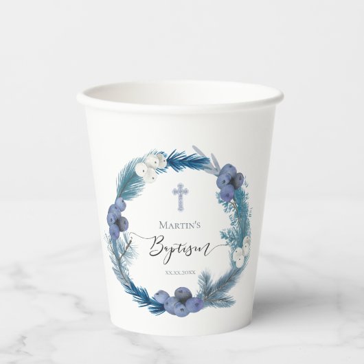Blaukränzdesign | Winter Taufe Papiertasse Pappbecher (Vorderseite)