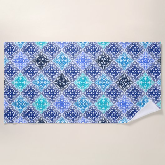 Blaulackiertes marokkanisches Fliesenmuster Strandtuch (Vorderseite)