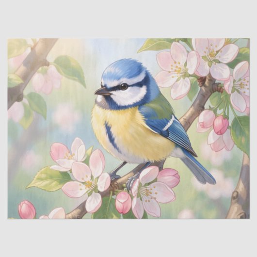 Blaumeise auf Apfelbaum-Frühlingsdecoupage Seidenpapier (Vorderseite)
