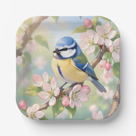 Blaumeise auf Apfelbaum im Frühling, Aquarell Pappteller (Vorderseite)