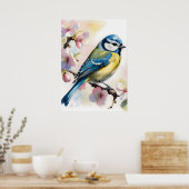 Blaumeise auf Apfelbaum im Frühling, Aquarell Poster (Küche)
