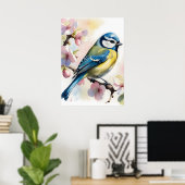 Blaumeise auf Apfelbaum im Frühling, Aquarell Poster (Heimbüro)