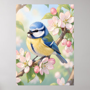 Blaumeise auf Apfelbaum im Wasserfarbenstil Frühli Poster