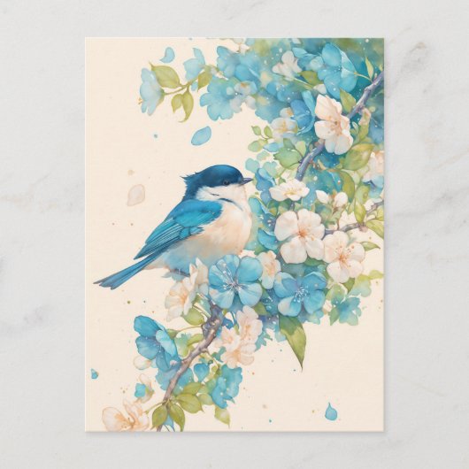 Blaumeise auf blühendem Frühlingszweig Postkarte (Vorderseite)