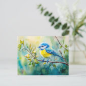 Blaumeise auf einem Aquarellbild Postkarte (Stehend Vorderseite)
