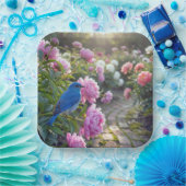Blaumeise auf einer rosa Pfingstrose Pappteller (Party)