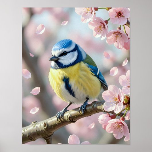 Blaumeise auf Kirschblütenbaum Frühling Poster (Vorne)