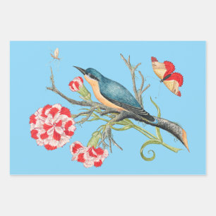 Blaumeise auf Nelken, Vintage-Illustration, Geschenkpapier Set