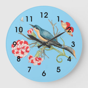 Blaumeise auf Nelken, Vintage-Illustration, Große Wanduhr