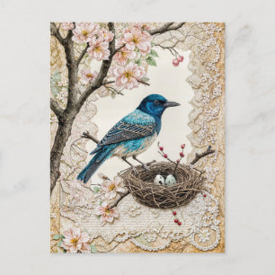 Blaumeise in Blüten mit Nest Feiertagspostkarte