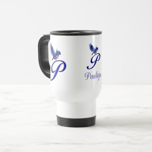 Blaumeise-Monogramm Anfangsbuchstabe P Elegantes P Reisebecher (Vorderseite Links)
