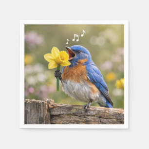 Blaumeise singt in eine gelbe Osterglocke Serviette