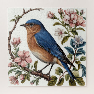 Blaumeise sitzt zwischen blühenden Blumen Puzzle
