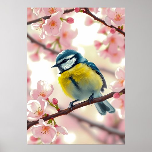 Blaumeise-Wasserfarbenbild auf Apfelbaum-Frühlings Poster (Vorne)