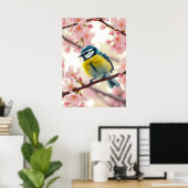 Blaumeise-Wasserfarbenbild auf Apfelbaum-Frühlings Poster (Heimbüro)