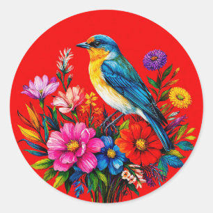 Blaumeise zwischen farbenfrohen Frühlingsblumen si Runder Aufkleber