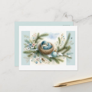 Blaumeisennest mit Ornamenten in Winterkiefern Feiertagspostkarte