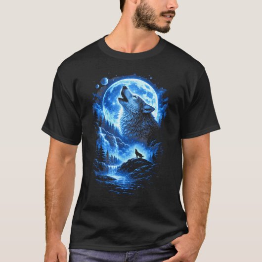 Blaumond Heulender Wolf Wald Wasserfall Nachthimme T-Shirt (Vorderseite)