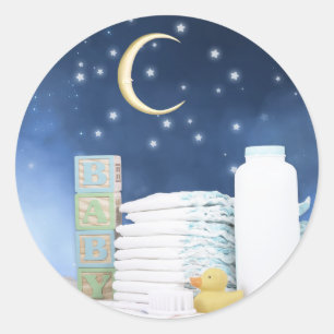 Blaumond und Sterne Baby Shower Runder Aufkleber