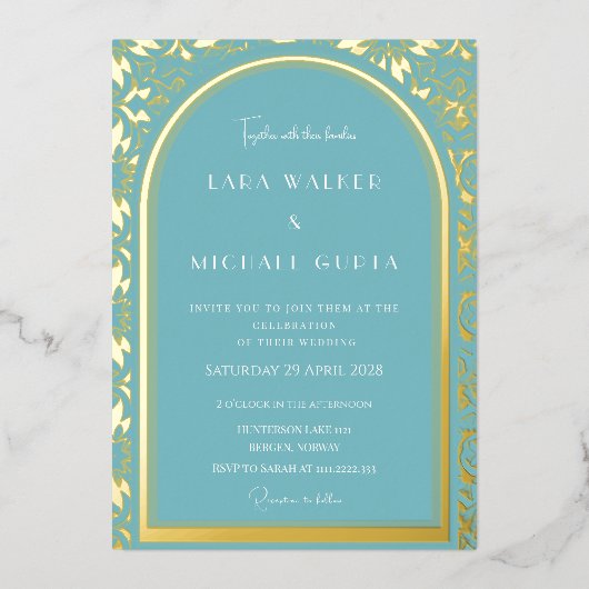 Blauopulenz-Hochzeit (Retro-Dotted) Folieneinladung (Vorderseite)