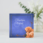 Blauorange Hochzeit Vintage Rose Einladung (Stehend Vorderseite)