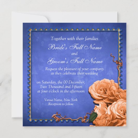 Blauorange Hochzeit Vintage Rose Einladung (Rückseite)