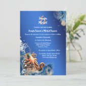 Blauorange Krake Thema Hochzeitsstrand Einladung (Stehend Vorderseite)