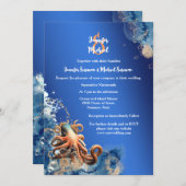 Blauorange Krake Thema Hochzeitsstrand Einladung (Vorne/Hinten)