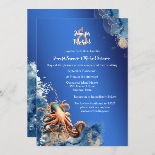 Blauorange Krake Thema Hochzeitsstrand Einladung (Vorne/Hinten)