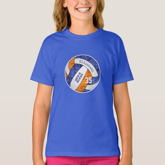 Blauorange-Mädchen-Volleyballmannschaft Farben T-Shirt (Vorderseite)