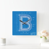 Blaupause-Monogramm Buchstabe B Quadratische Wanduhr (Zuhause)