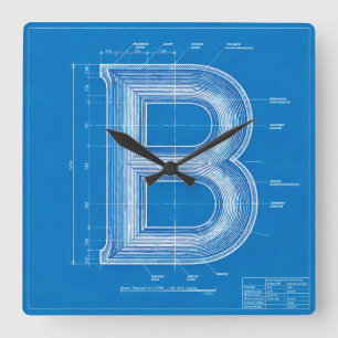 Blaupause-Monogramm Buchstabe B Quadratische Wanduhr