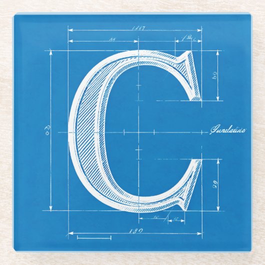Blaupause-Monogramm Buchstabe C Glasuntersetzer (Vorderseite)