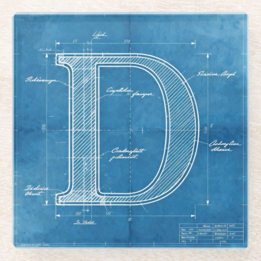 Blaupause-Monogramm Buchstabe D Glasuntersetzer (Vorderseite)
