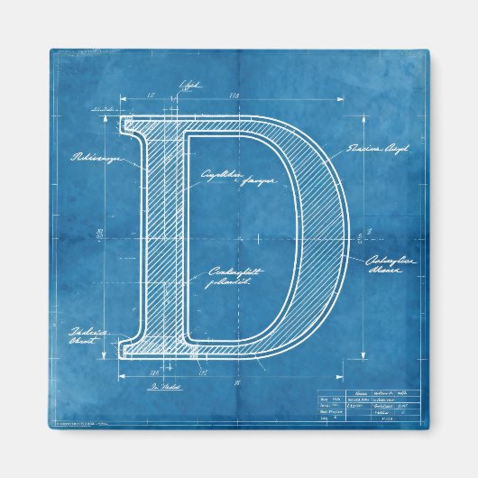 Blaupause-Monogramm Buchstabe D Magnet (Vorne)
