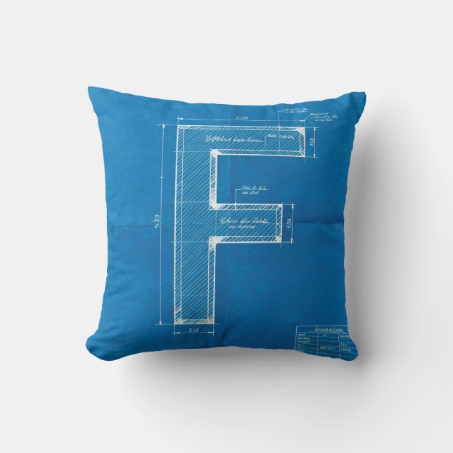 Blaupause-Monogramm Buchstabe F Kissen (Vorderseite)