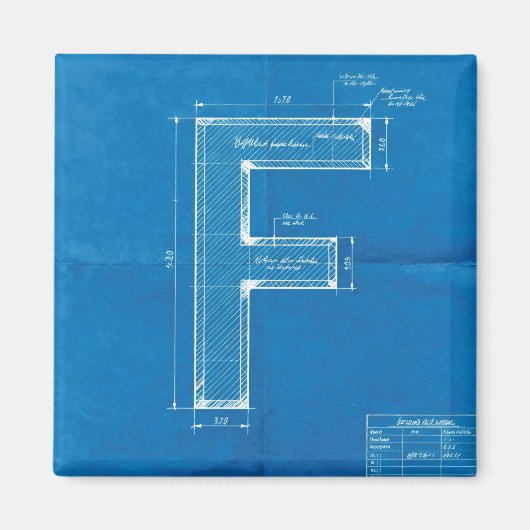 Blaupause-Monogramm Buchstabe F Magnet (Vorne)