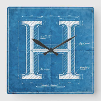 Blaupause-Monogramm Buchstabe H Quadratische Wanduhr