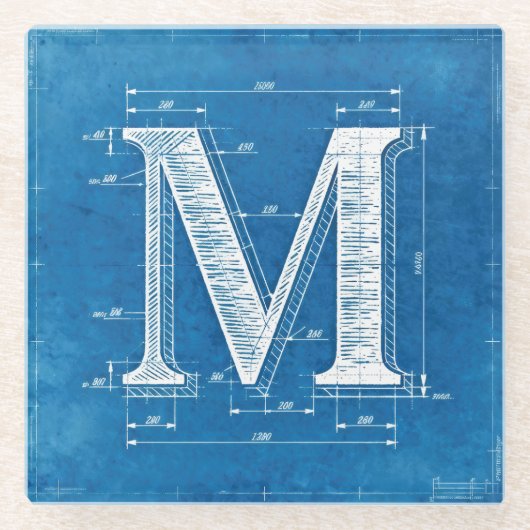 Blaupause-Monogramm Buchstabe M Glasuntersetzer (Vorderseite)