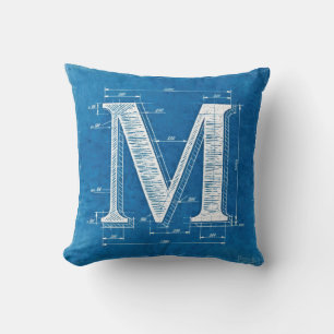 Blaupause-Monogramm Buchstabe M Kissen