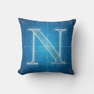 Blaupause-Monogramm Buchstabe N Kissen