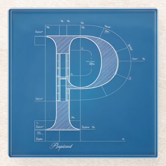Blaupause-Monogramm Buchstabe P Glasuntersetzer (Vorderseite)