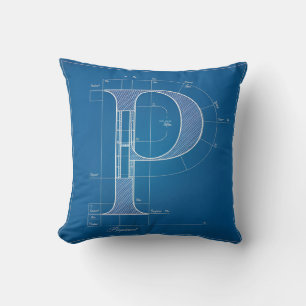 Blaupause-Monogramm Buchstabe P Kissen