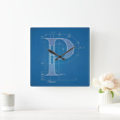 Blaupause-Monogramm Buchstabe P Quadratische Wanduhr (Zuhause)