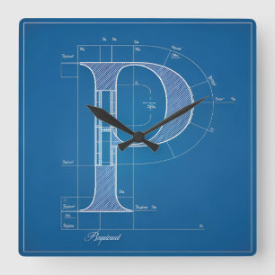 Blaupause-Monogramm Buchstabe P Quadratische Wanduhr