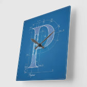 Blaupause-Monogramm Buchstabe P Quadratische Wanduhr (Winkel)