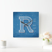 Blaupause-Monogramm Buchstabe R Quadratische Wanduhr (Zuhause)